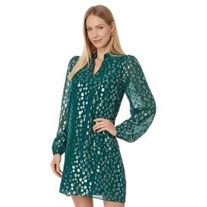 Lilly Pulitzer Auralyn Dress Silk Green Silver Metallic Dot Long Sleeve Size 8
